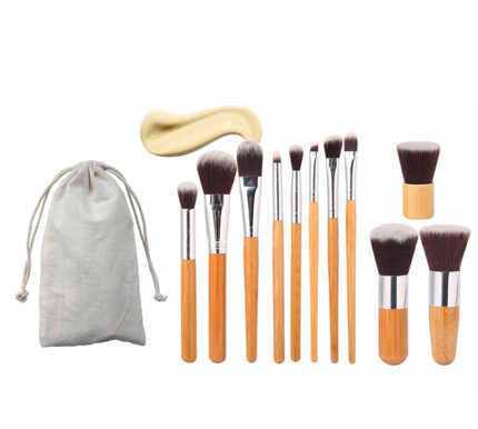 11-Piece Bamboo Handle Makeup Brush Set with eco-friendly linen bag for convenient storage.