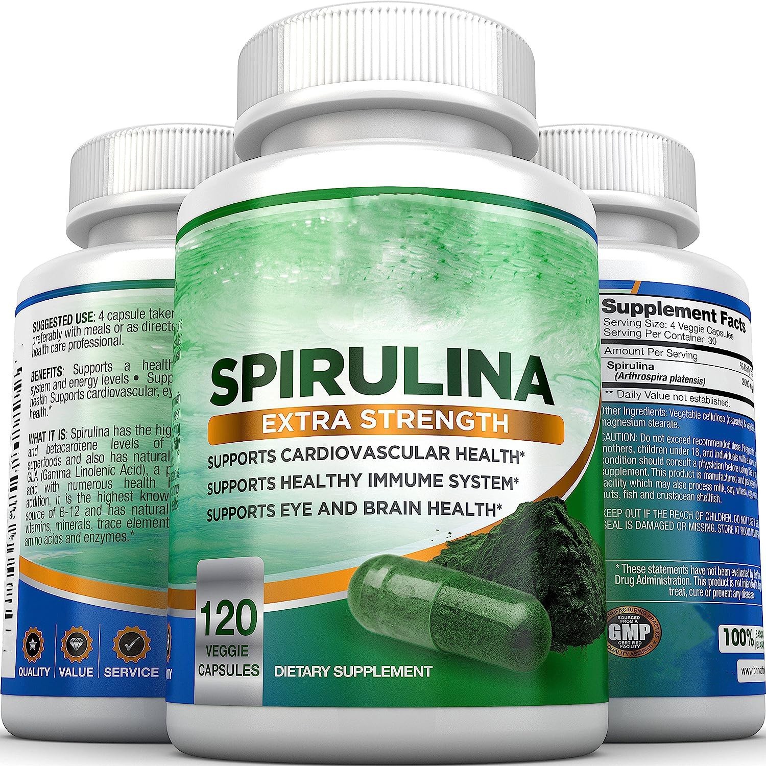 Spirulina Capsules - 120 Count - Boost Energy, Immunity & Detoxify